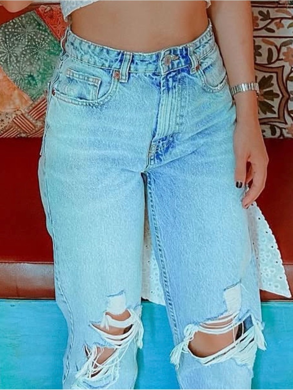 Zara Light Blue Distressed Boyfriend Jeans